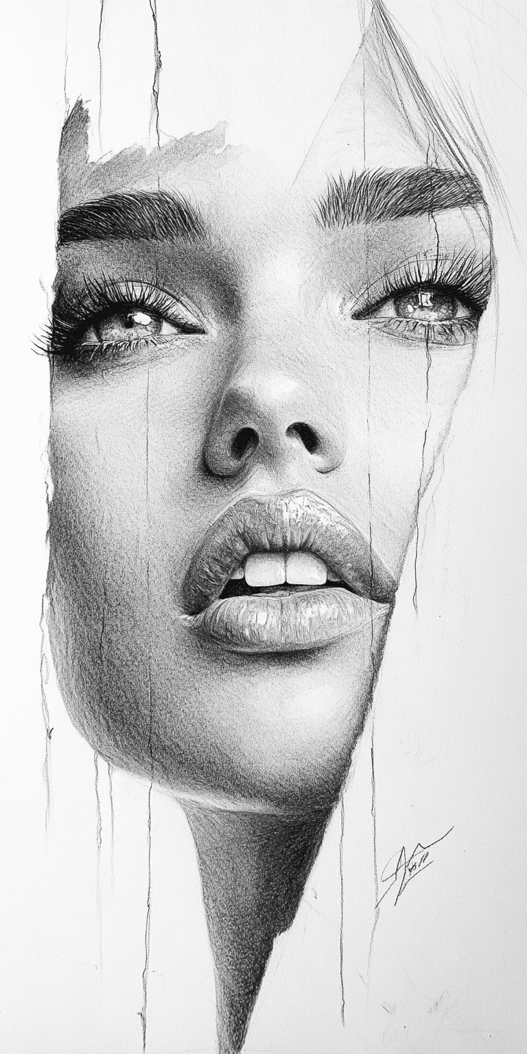 AI generated: An expressionist charcoal sketch, a stunningly beautiful woman with piercing blue-green eyes, bold, ...