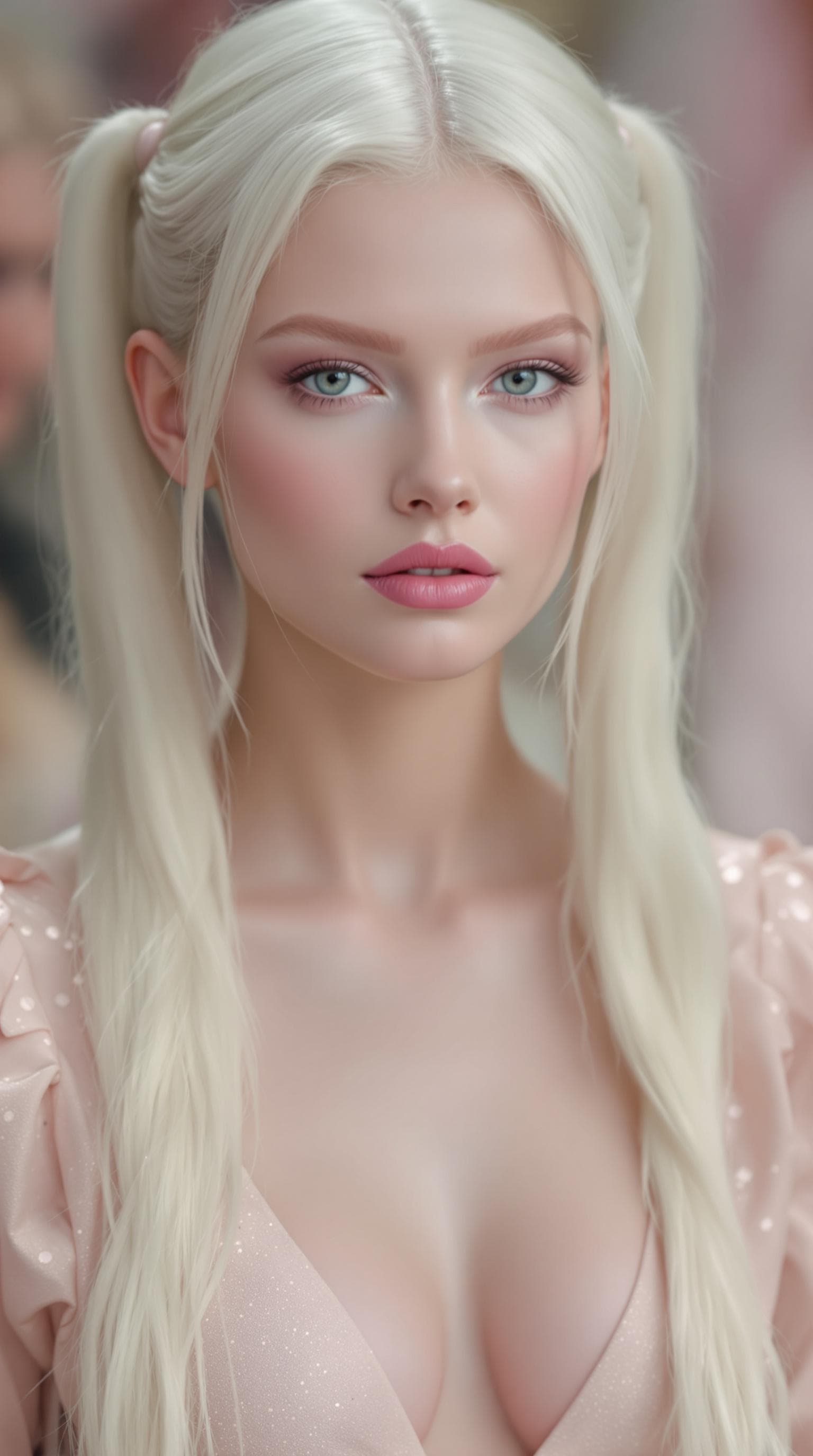 AI generated: Vogue Runway Model with long Pigtails in the style of candycore hair, pale skin and light pink lips ...