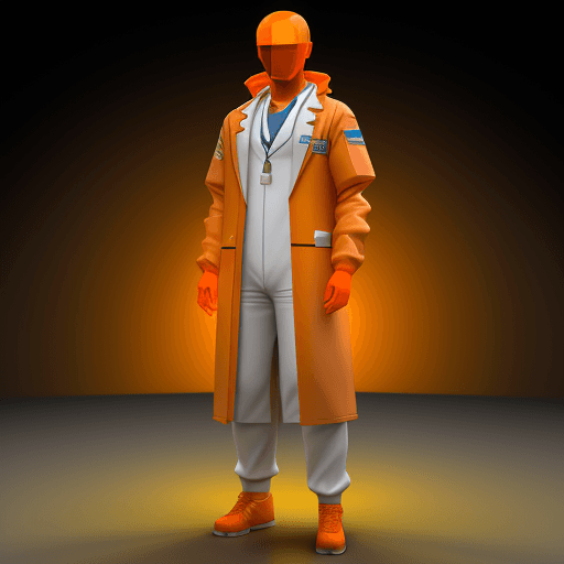 AI generated: human hologram, orange glow, male pharmacist,wear medical coat, 3d character model, artstation.com, ...