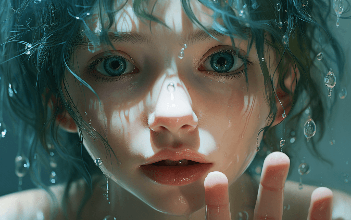 AI generated: Anime cute a girl holding water on her face, in the style of dark turquoise and light azure, photo -...