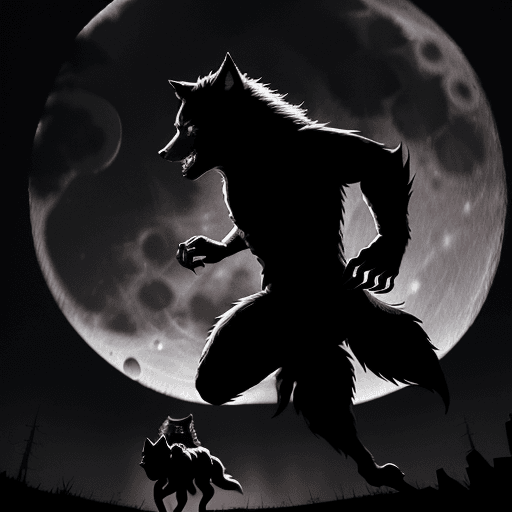 AI generated: wolfman in a silhouette runs in front of the moon  while a she werewolf — his newest ally in the war...
