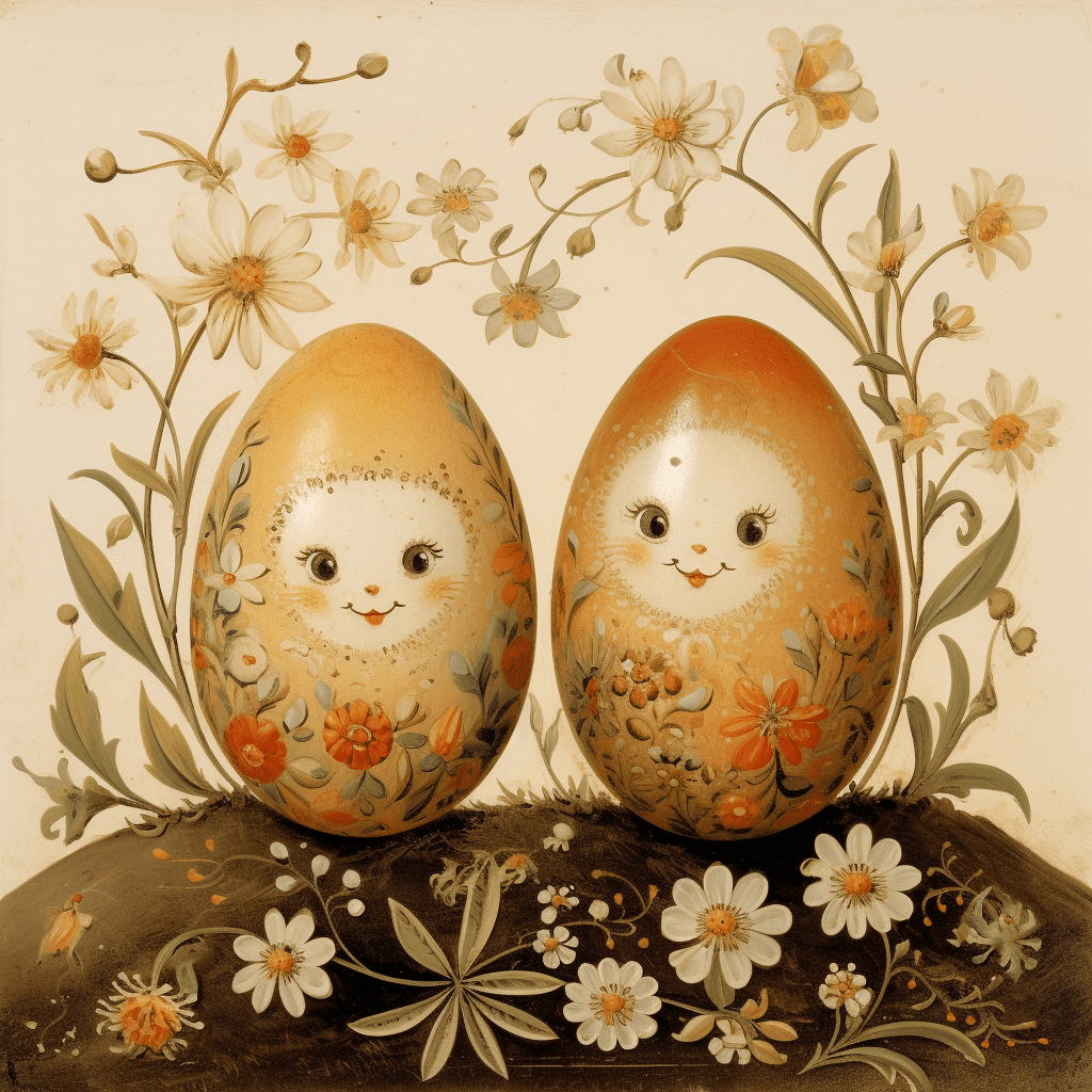 AI generated: two eggs and flowers in the painting, in the style of whimsical caricatures, storybook illustrations...