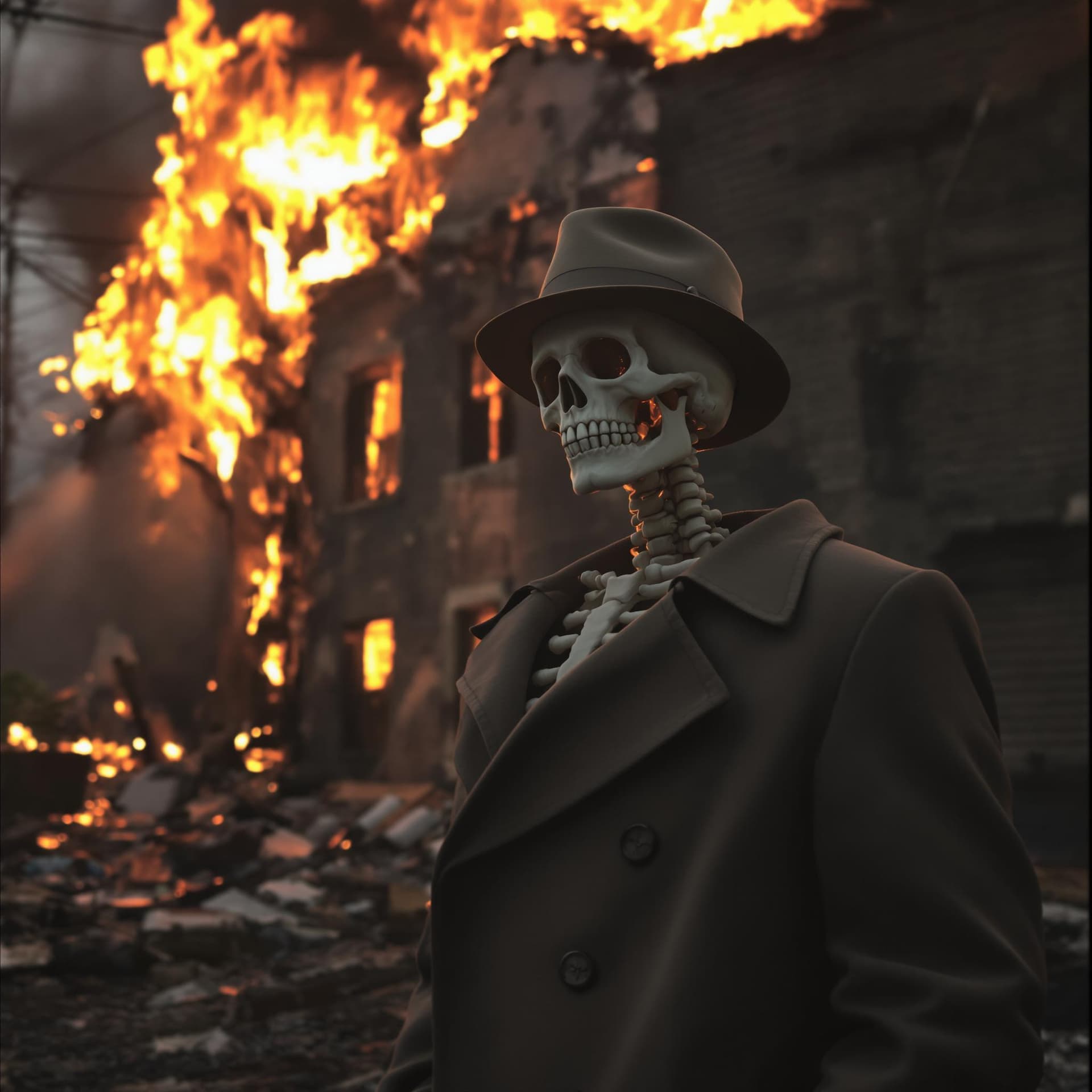 AI generated: A skeleton in a trench coat and fedora stands before a burning building
