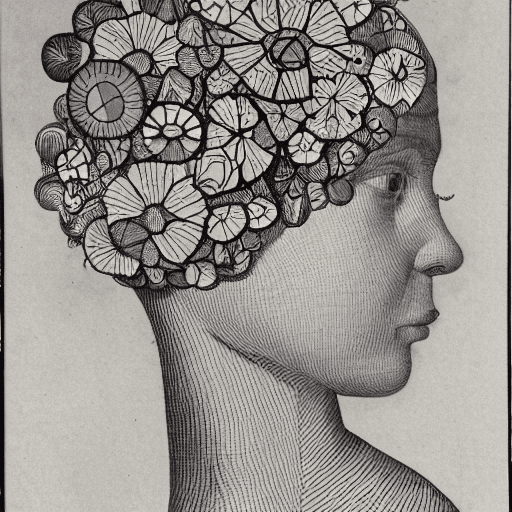 AI generated: Incredibly detailed technical diagram of the profile of a woman with the top and back of her head sp...
