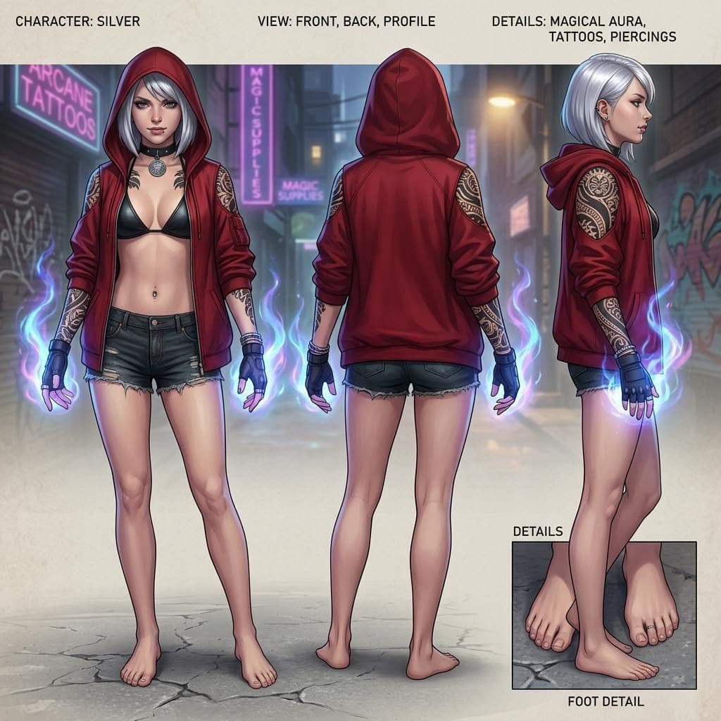 AI generated: A girl with short, shiny silver hair peeking out from under a sleek red hooded jacket, a black leath...