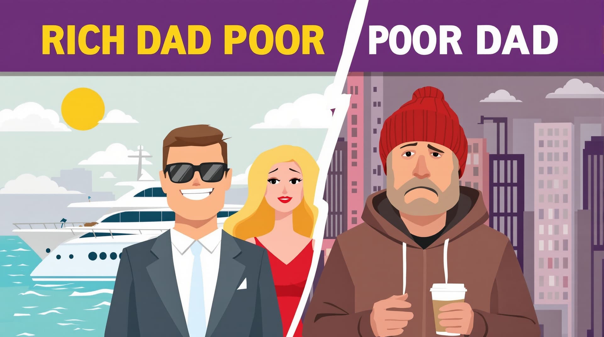 AI generated: A flat-style digital illustration in 16:9 YouTube thumbnail format, inspired by the book "Rich Dad P...