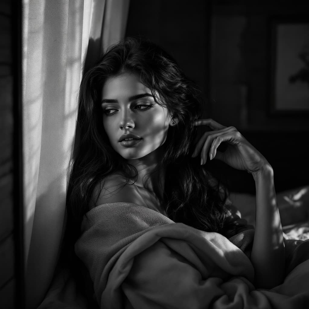 AI generated: Un portrait artistique en noir et blanc hyperréaliste capturant un moment introspectif, avec une fem...
