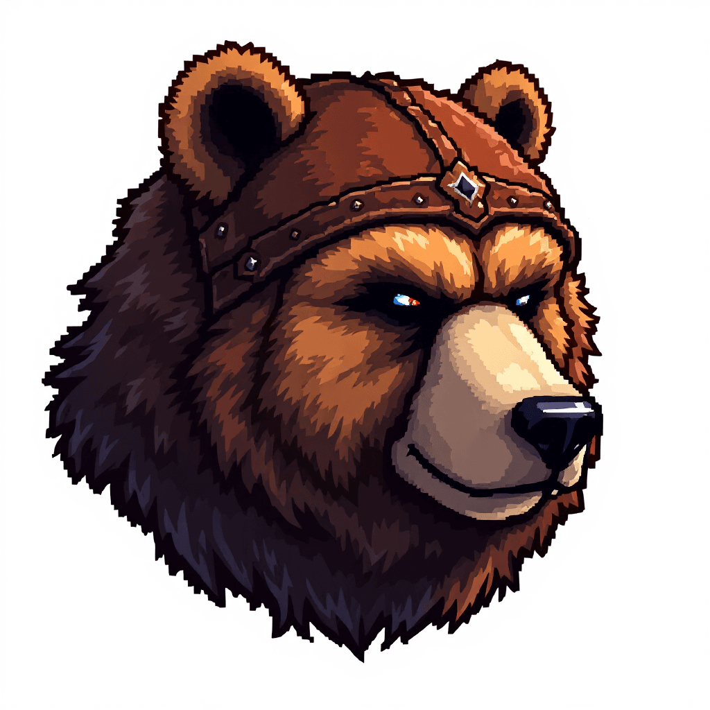 AI generated: Create a pixel art sprite of a leather and fur helmet, shaped like a bear's head. It will be used as...
