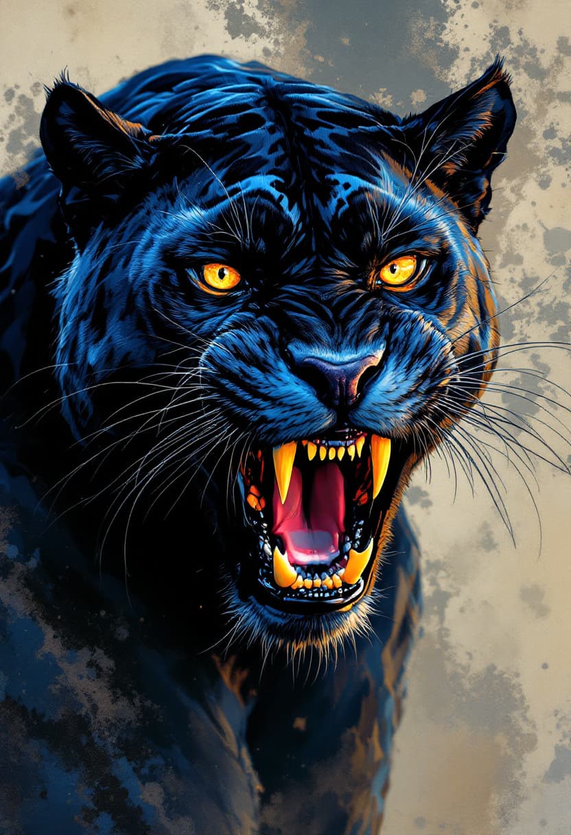 AI generated: AI-generated artwork Realistic detail, crisp, full body. Shouting panther. Bodybuilder build. Show o...
