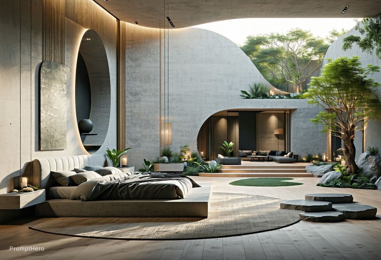 AI generated: Photorealistic image of a interior design bedroom, large open space, light wood floor, dreamy interi...