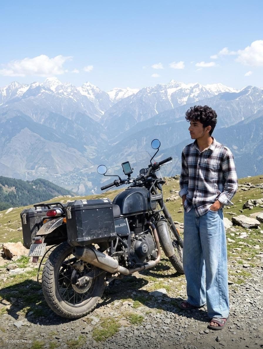 AI generated: On the top of the mountain behind Himalayan bike
