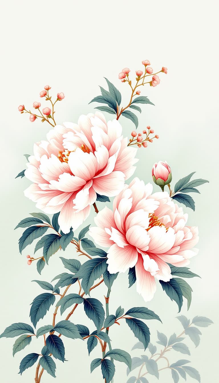 AI generated: Pale pink peony flowers, light green background, Chinese embroidery style, exquisite craftsmanship, ...
