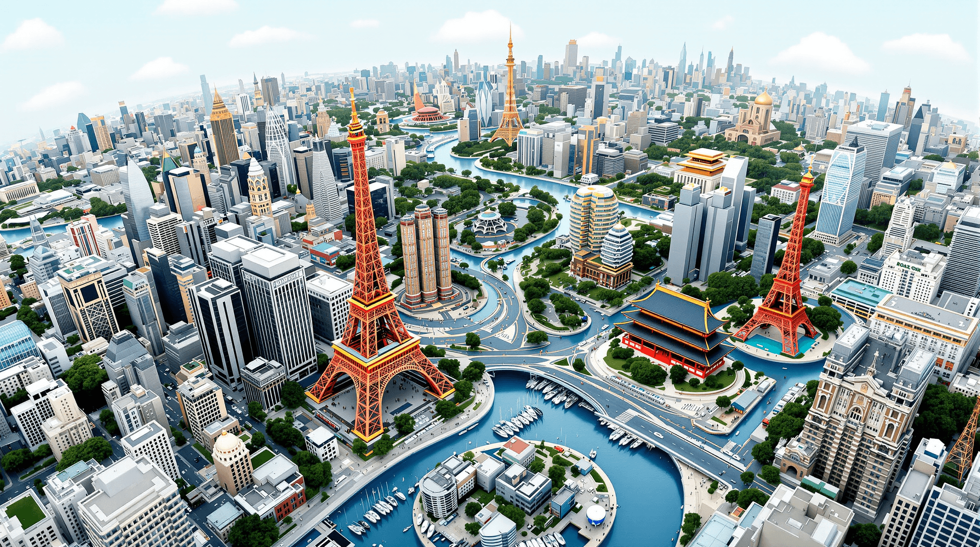 AI generated: Create an 3D image that shows the landscapes from New York, Rio de Janeiro, Tokyo, Paris and Peking
