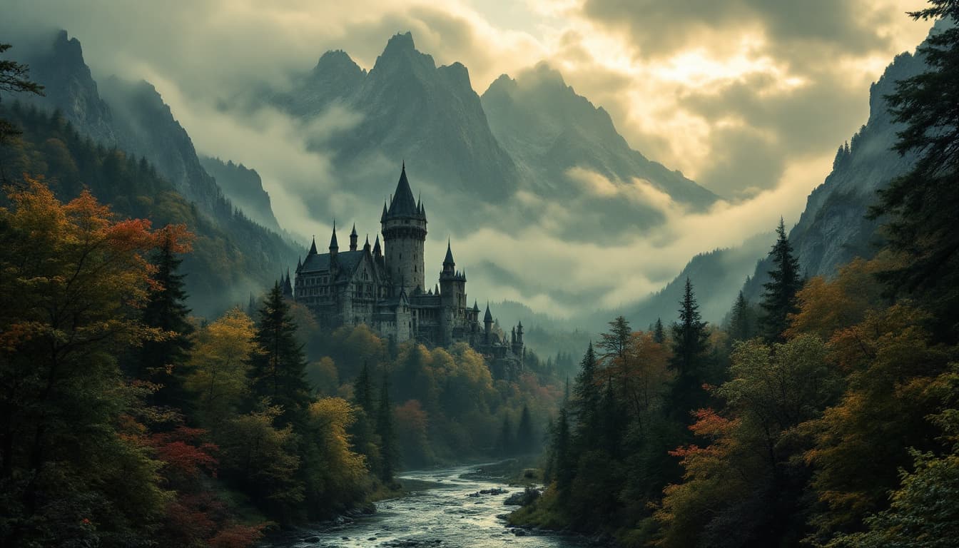 AI generated: A hammer studios Dracula’s films castle. Dense foliage with varied tree species, including deciduous...