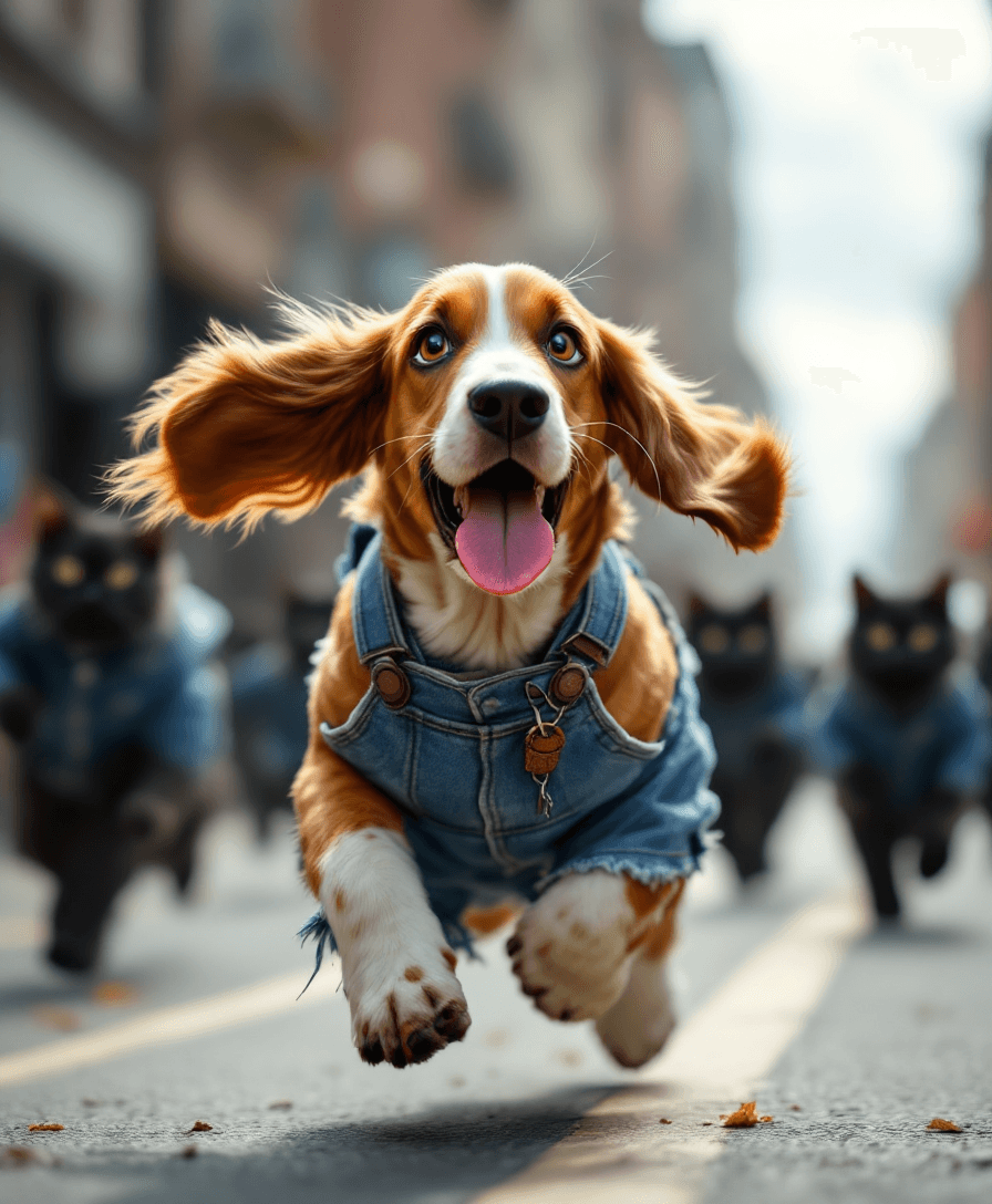 AI generated: A Cute ((Basset hound with Floppy Ears blowing in the breeze)) as he is running down the middle of a...