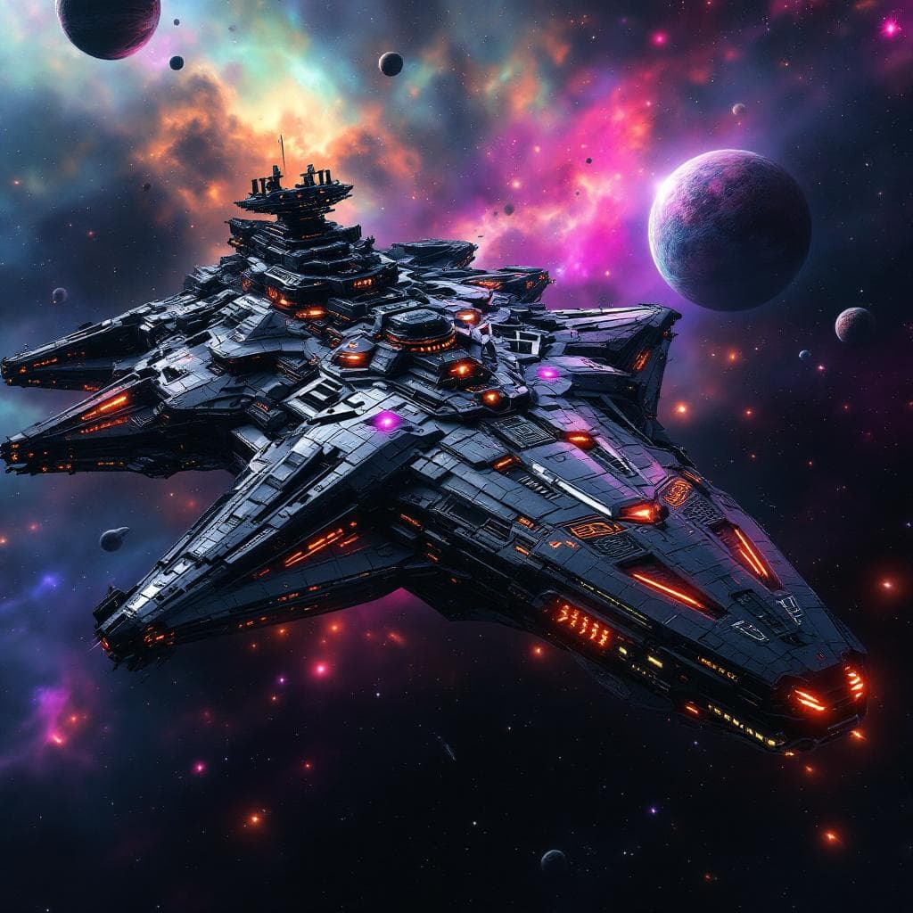 AI generated: Imagine, in detail, an alien spaceship to show a new design. An alien dreadnought. Show it in deep s...
