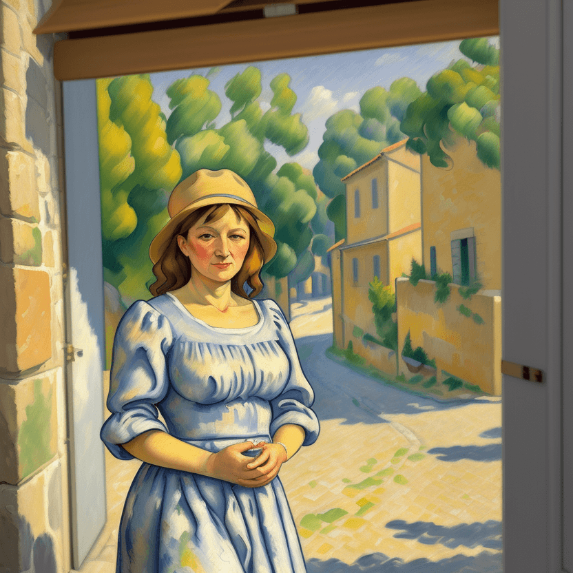 AI generated: Stunning oil on canvas painting of a beautiful middle-aged woman, in the style of Paul Cézanne, Aix-...