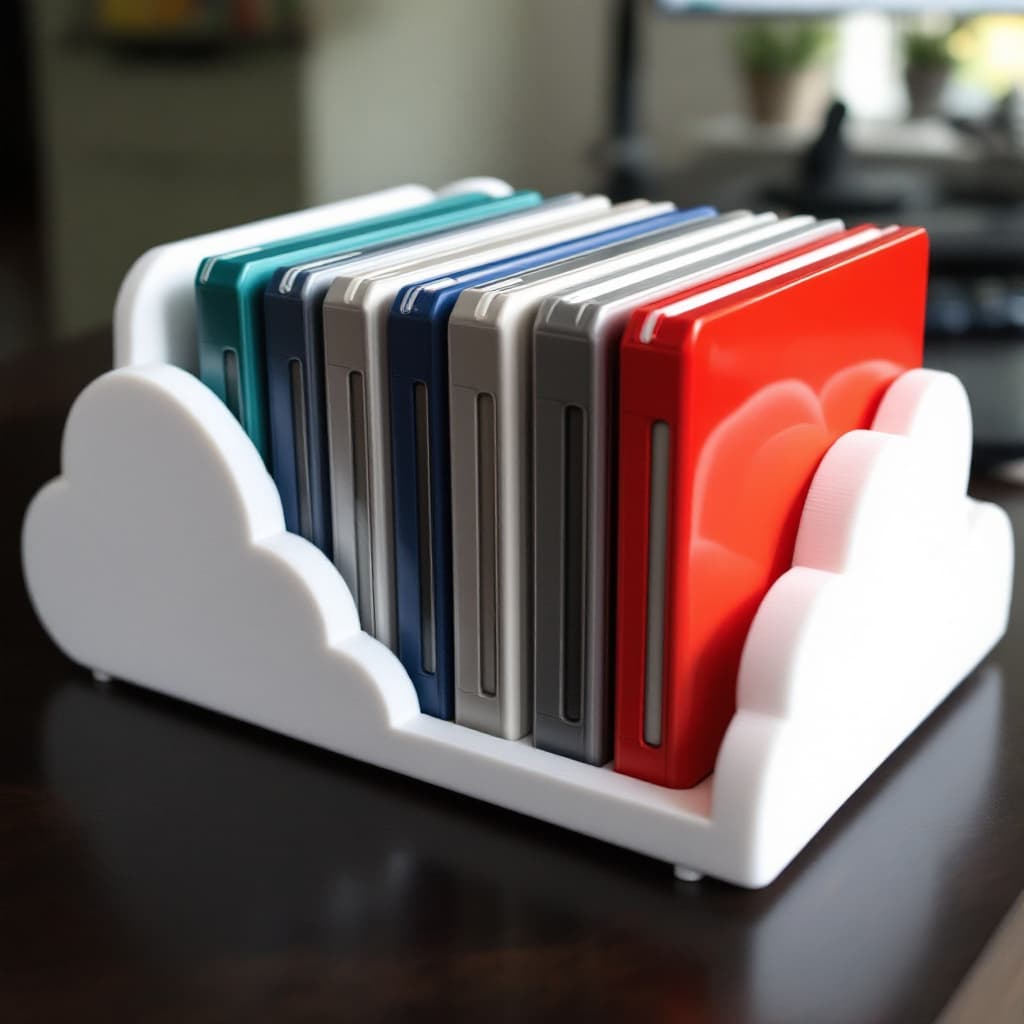 AI generated: A 3d printed Hard drive rack for external HDDs, white with cloud shapes on the sides.