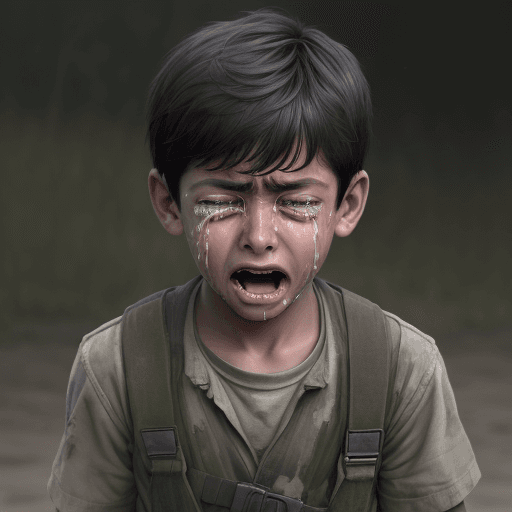 AI generated: Boy crying from behind war 