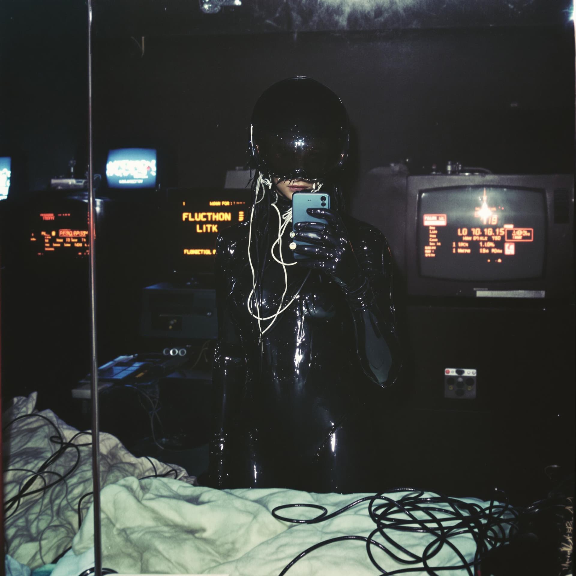 AI generated: mysterious female figure in a glossy black latex bodysuit stands in front of a mirror, capturing a s...