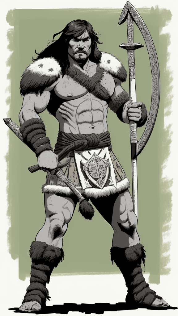 AI generated: a drawing of a barbarian with shield and club, in the style of adventure pulp, dark white and bronze...
