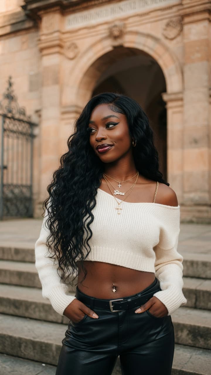 AI generated: A highly detailed photorealistic portrait of a stunning young Black woman with rich dark skin, long ...