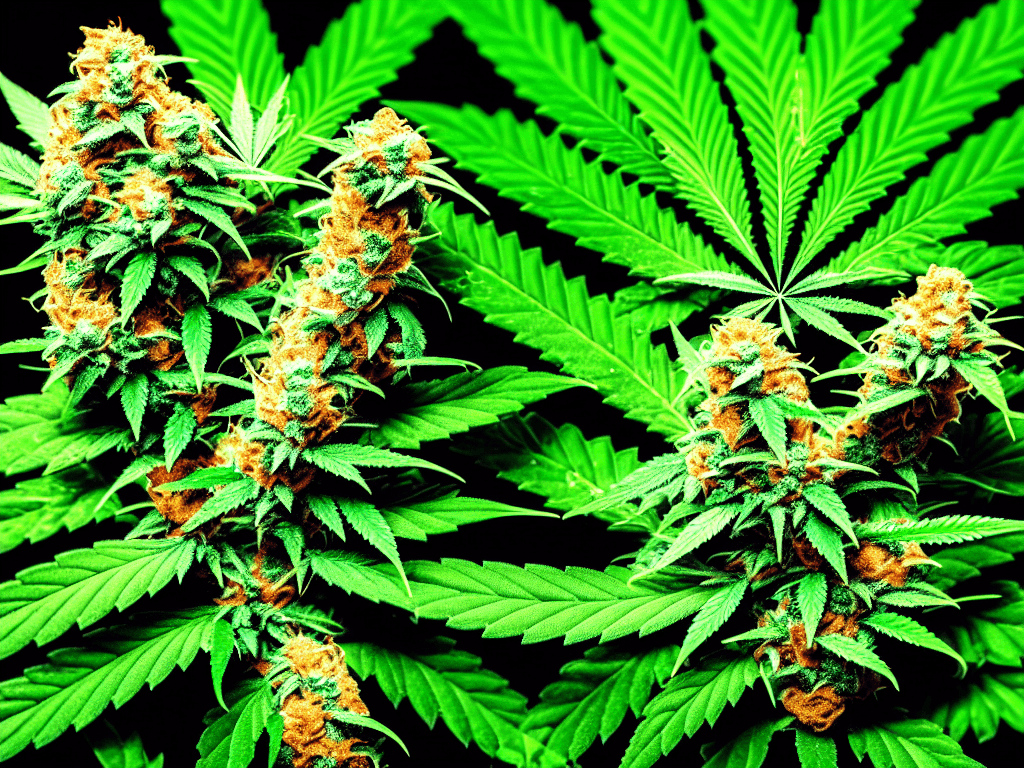 AI generated: A 35mm photography of a highly detailed cannabis plant in bloom, full size, sativa, day time, photor...