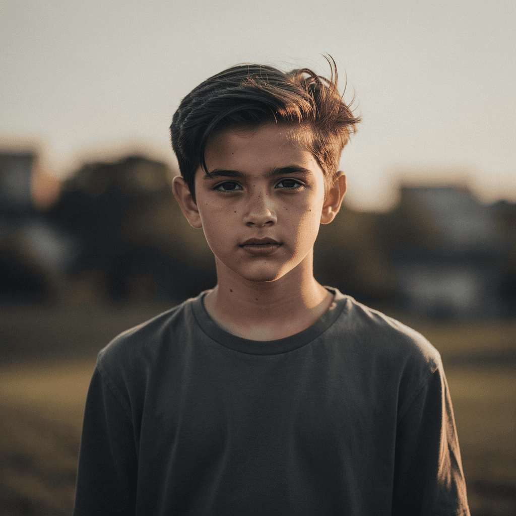 AI generated: A single boy standing alone, calm expression, soft natural light, cinematic mood.