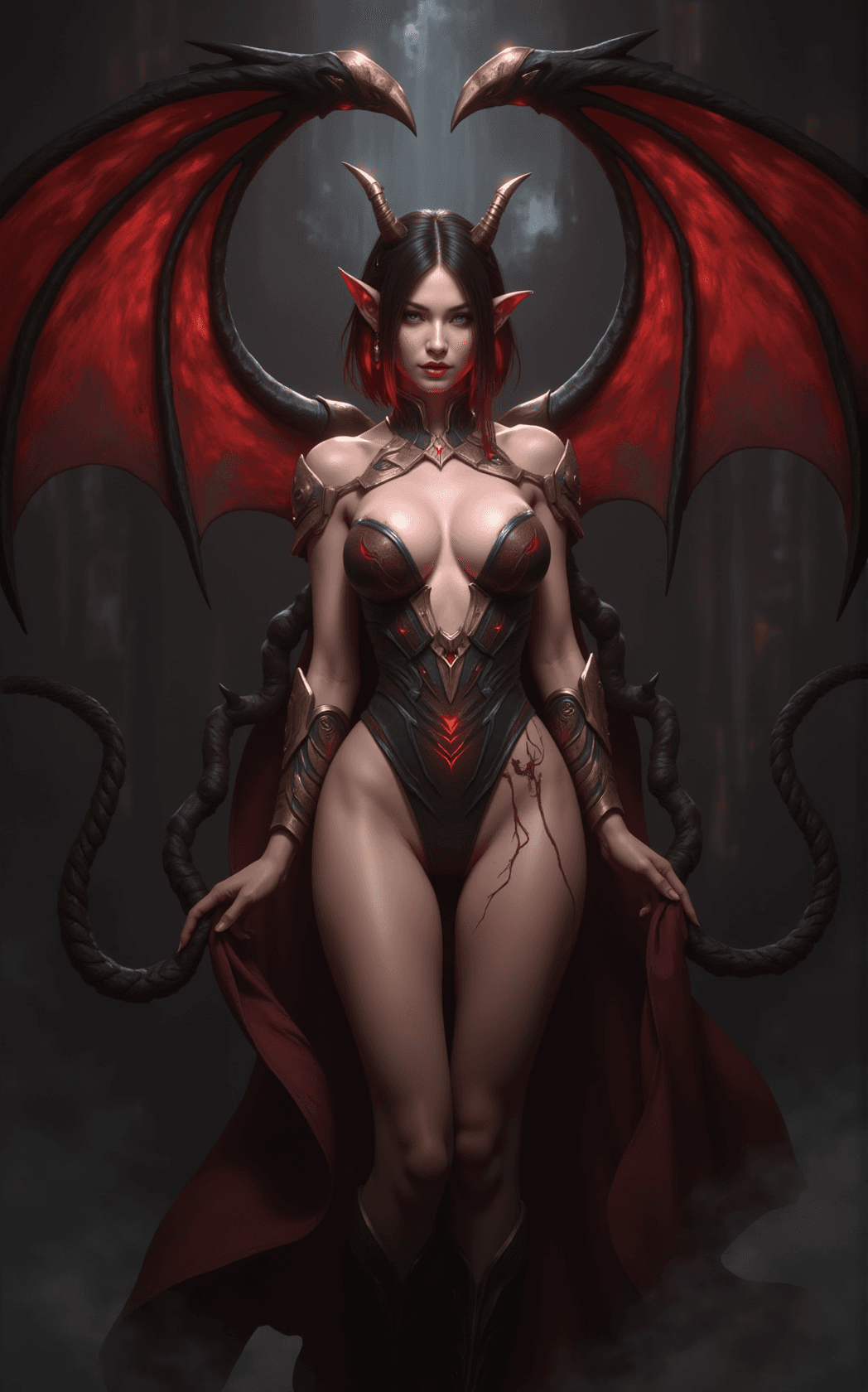 AI generated: A stunningly beautiful succubus stands as the central figure in this mesmerizing digital painting, a...