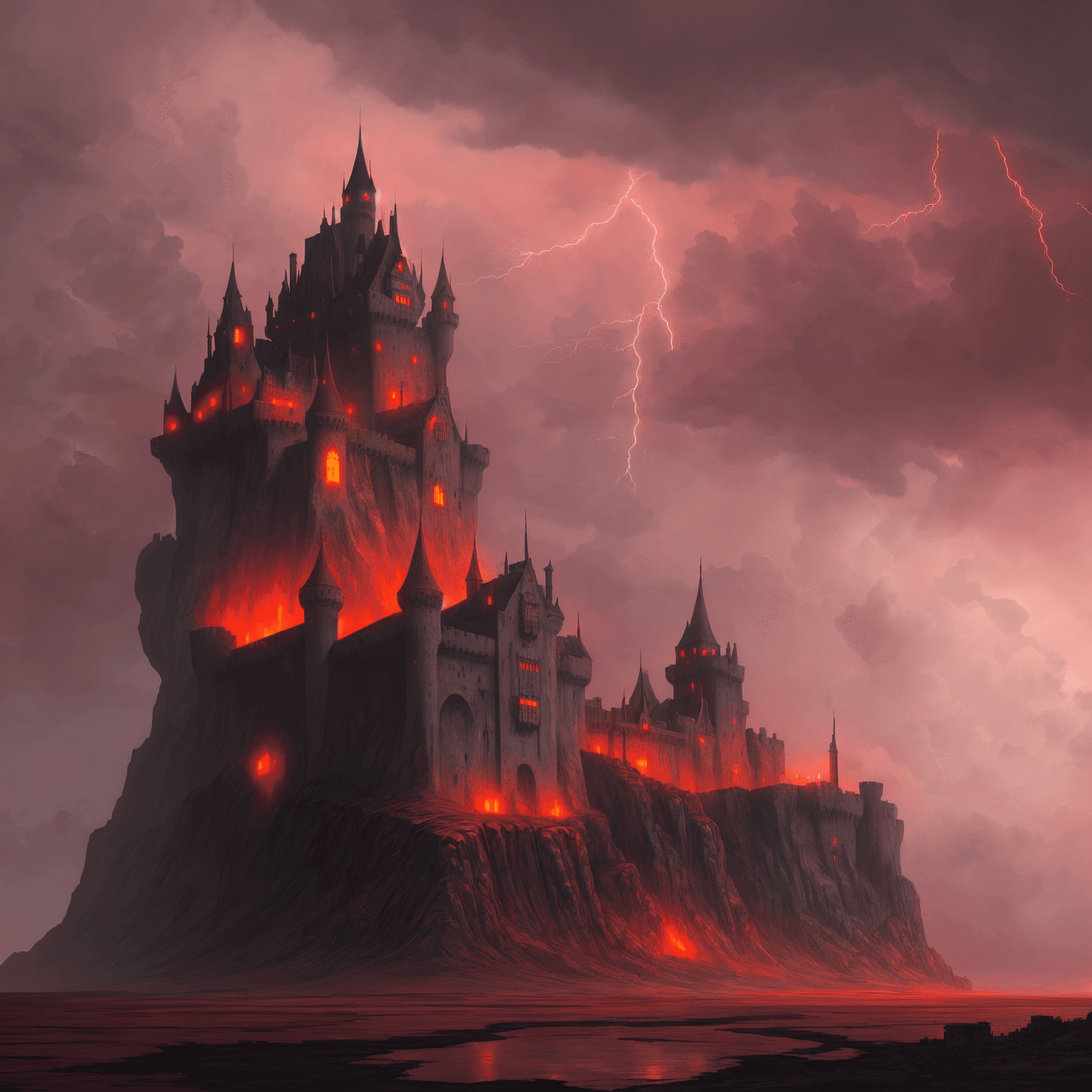 AI generated: a detailed digital painting of one castle in a dystopian landscape, ominous red sky with lightning a...