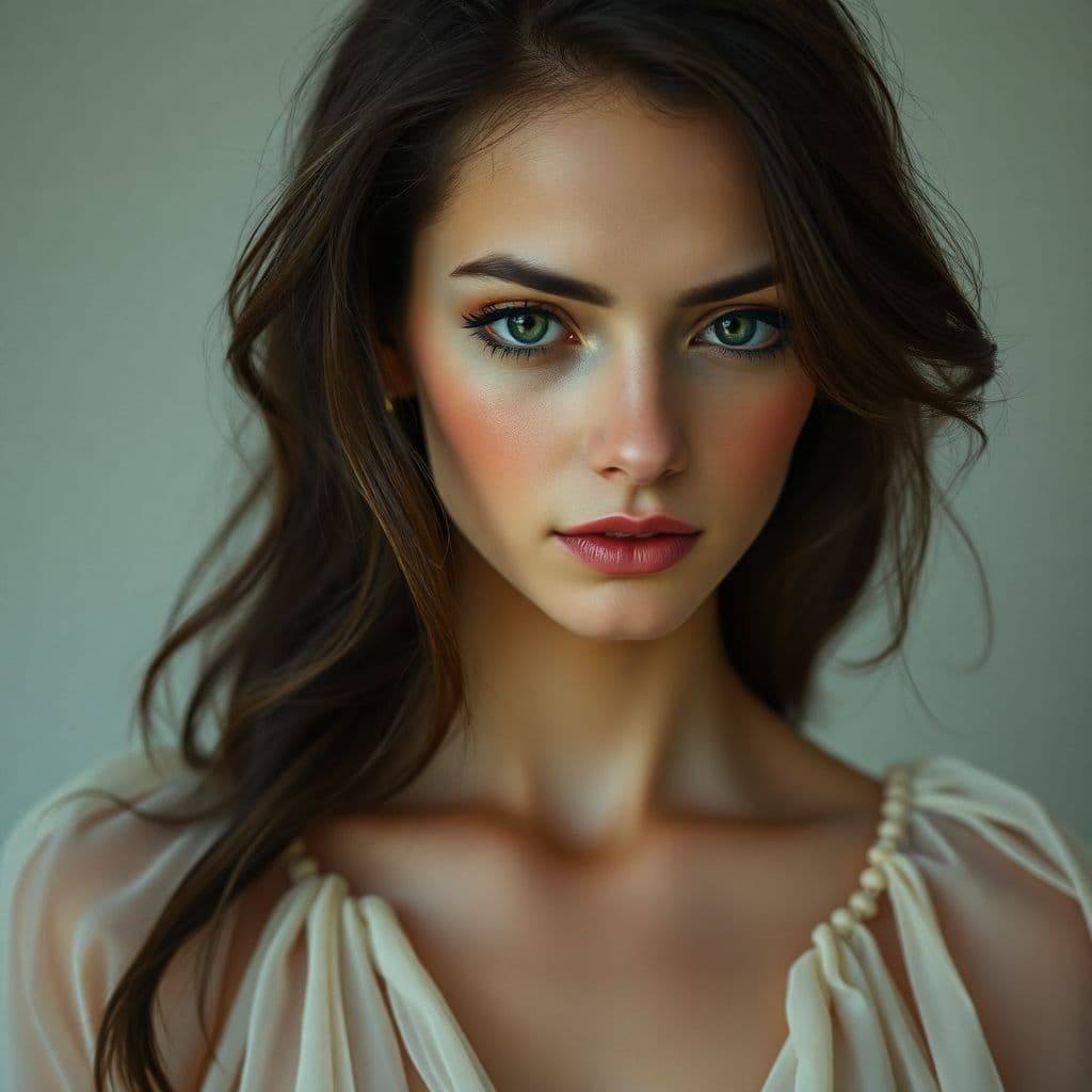 AI generated: Ein verträumtes, aber melancholisches Porträt einer eleganten jungen Frau mit dunklem, welligem Haar...