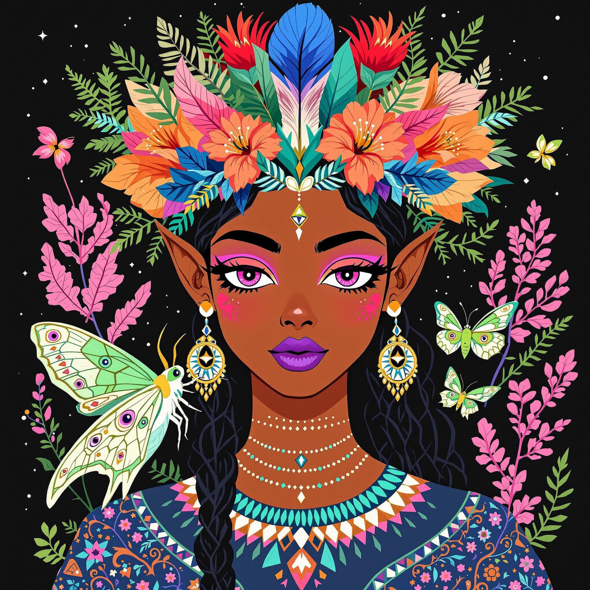 AI generated: Create an abtract patterned tribal illustration of a mystical female character with medium brown ski...