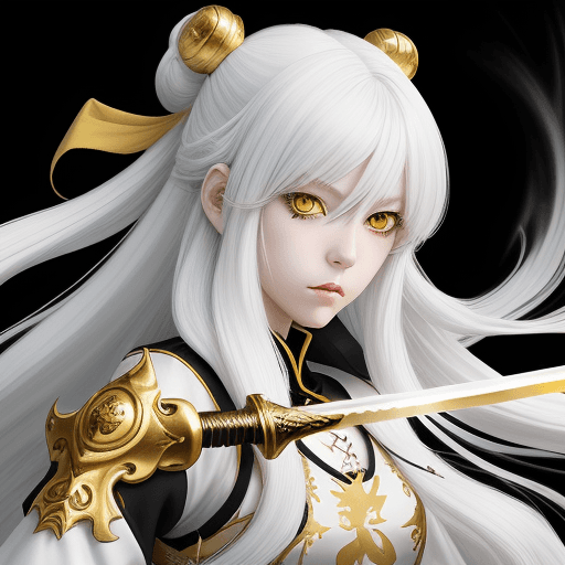 AI generated: anime,long white hair,golden white deatils,,a girl uses sword,yellow eye,genshin impact style, highl...