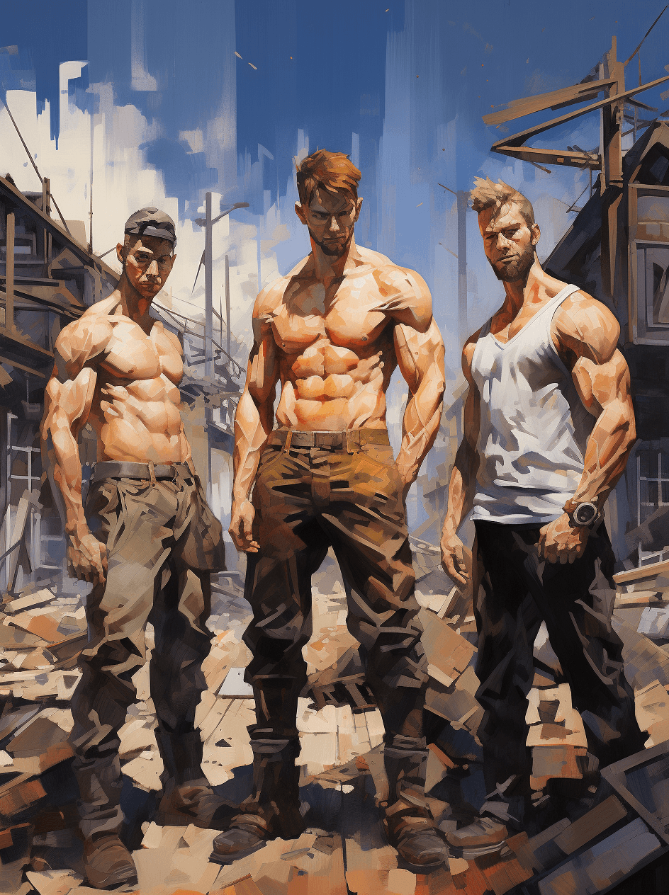 AI generated: Four men standing in front of a city looking like they are working out, in the style of devilcore, i...