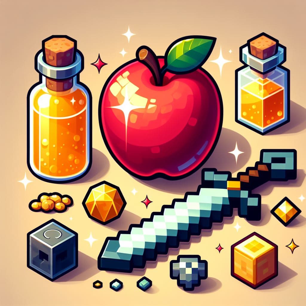 AI generated: items of minecraft, gold apple, sword, potion
