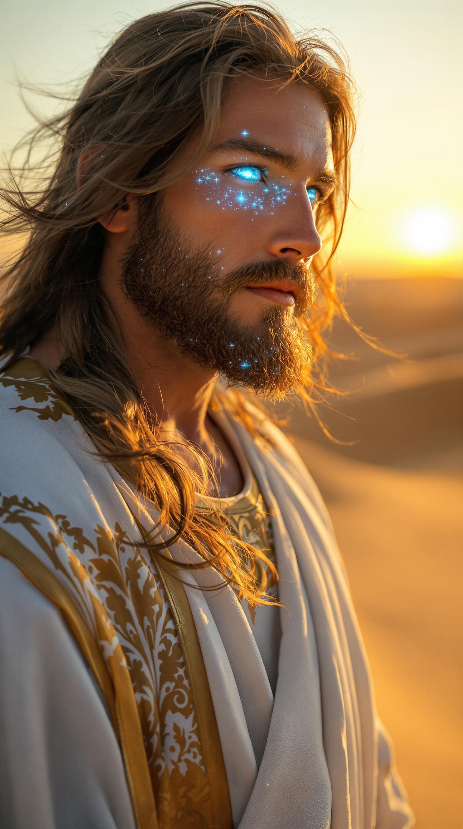 AI generated: A hyper-realistic close-up portrait of Jesus Christ standing in the desert. His long, flowing brown ...