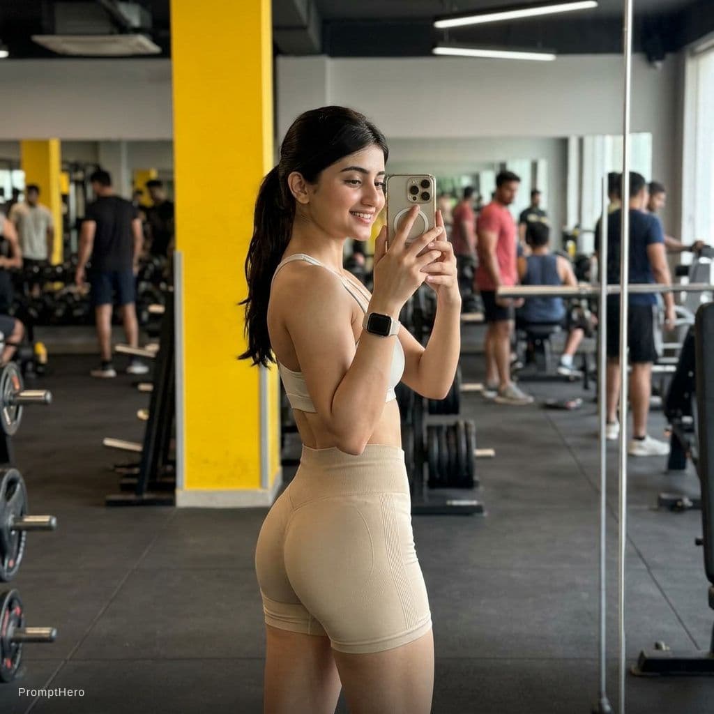 AI generated: Realistic gym mirror‑selfie of ME in a modern fitness center. Three‑quarter body shot from the side‑...