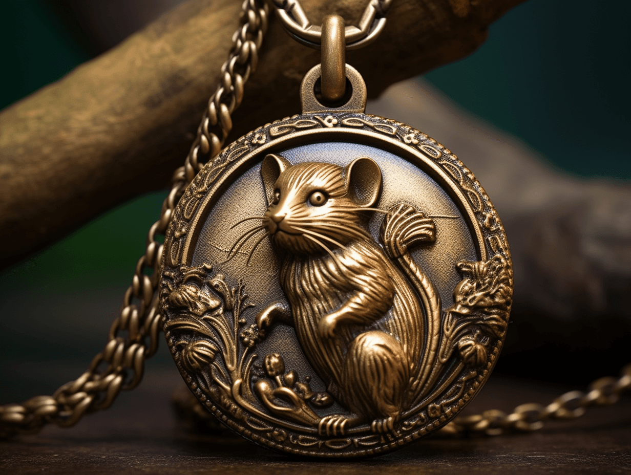 AI generated: this pendant is created from an old brass rat, in the style of edward poynter, whimsical weavings, r...