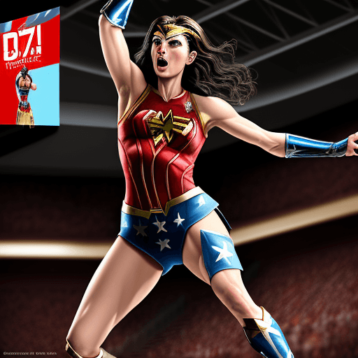 AI generated: WONDER WOMAN from marvel wearing the USA basketball uniform while doing a great dunk screaming, real...