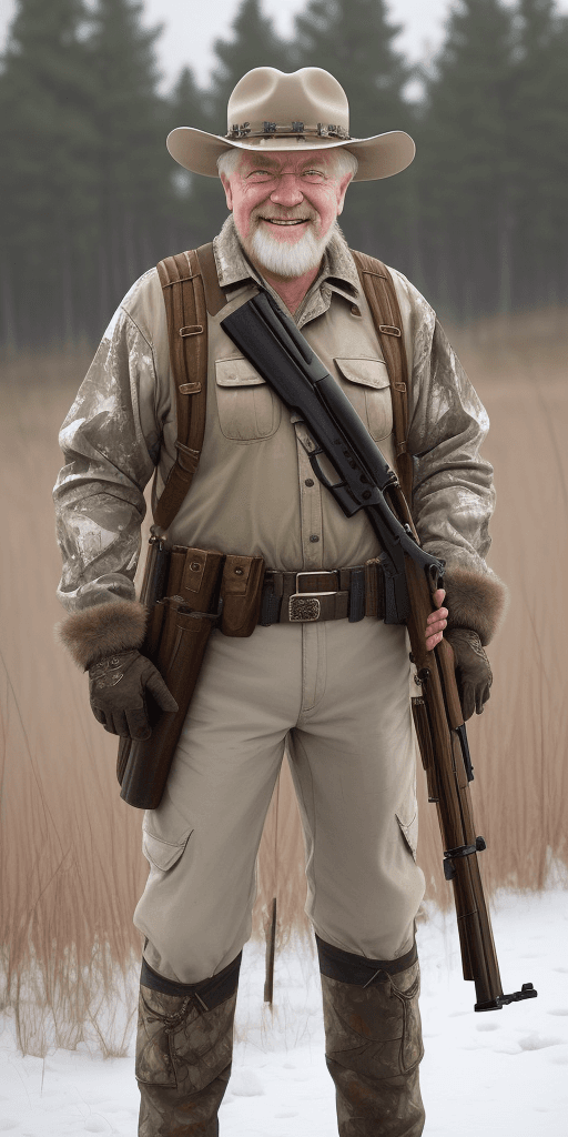 AI generated: Really hunters with rifle in the hand, aiming the rifle, old man with white barb, have a machet hold...