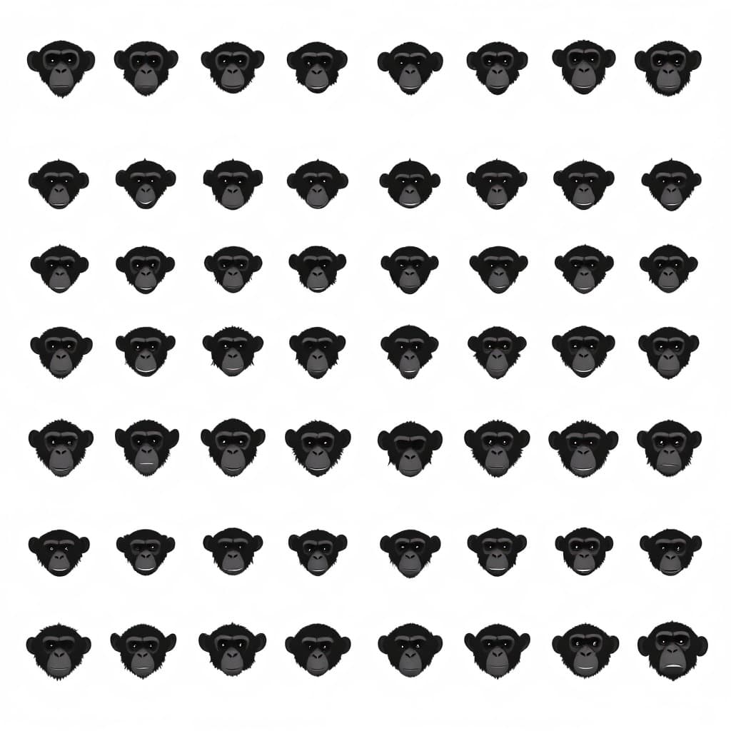AI generated: 31 isolated dark minimalistic chimpanzee faces. each face is unique