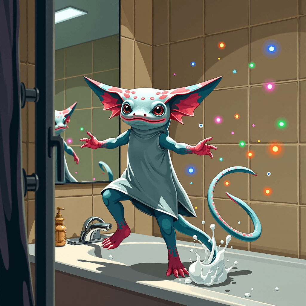 AI generated: Trend-Tanz im Bad: Ein Axolotl in einem winzigen Bademantel tanzt vor dem Spiegel im Badezimmer. Im ...