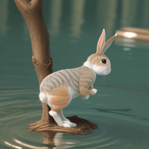 AI generated: a little rabbit named Sami, stuck on a branch in water. Sami tried to jump across the water but ende...