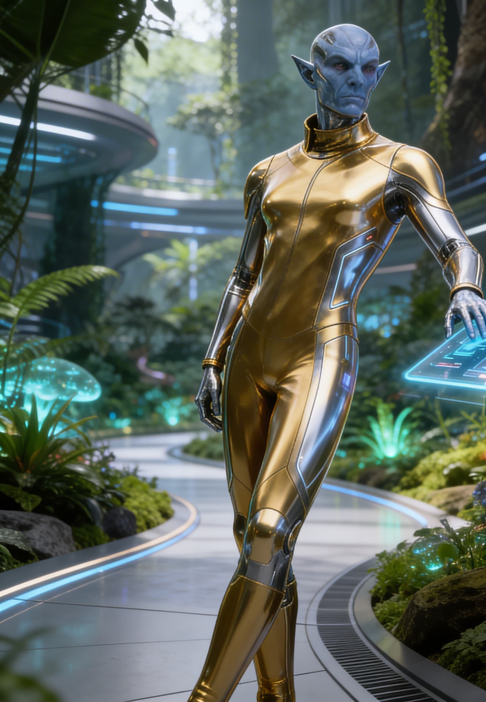 AI generated: Be inspired and create from reference. a golden-silver being, powerful, loving. From flesh to sleek ...