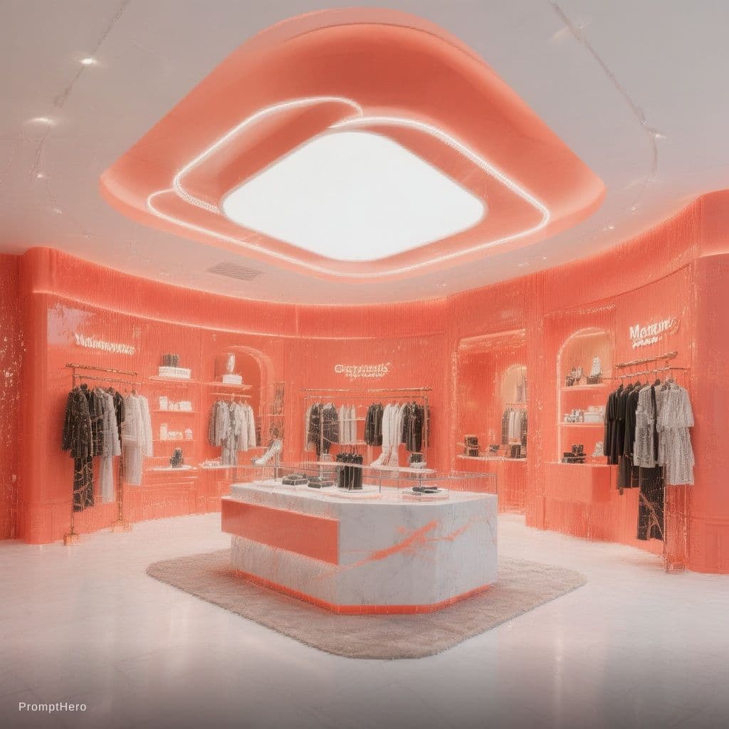AI generated: hand drawing, perspective view, fashion flagship store interior, simplify, vibrant coral color accen...