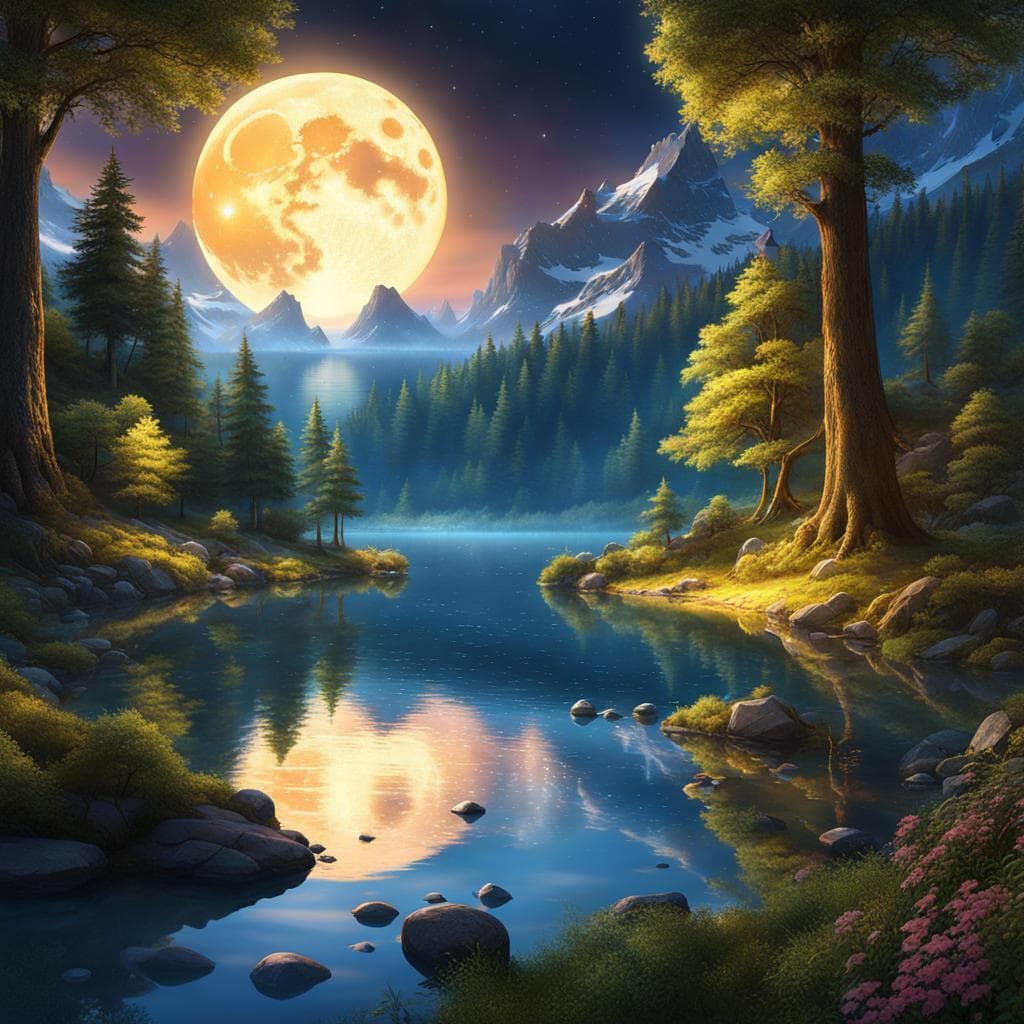 AI generated: a tranquil forest, 3d fractals, light particles, water drops, magical, fantasy, beautiful moon night...