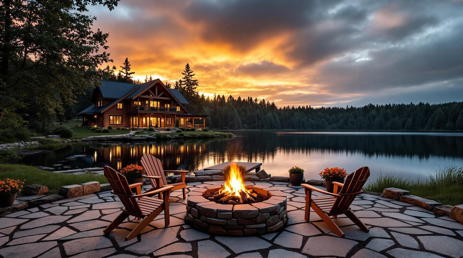 AI generated: A tranquil scene of a lakeside cabin at sunset. A large, log-cabin-style house sits on a waterfront ...