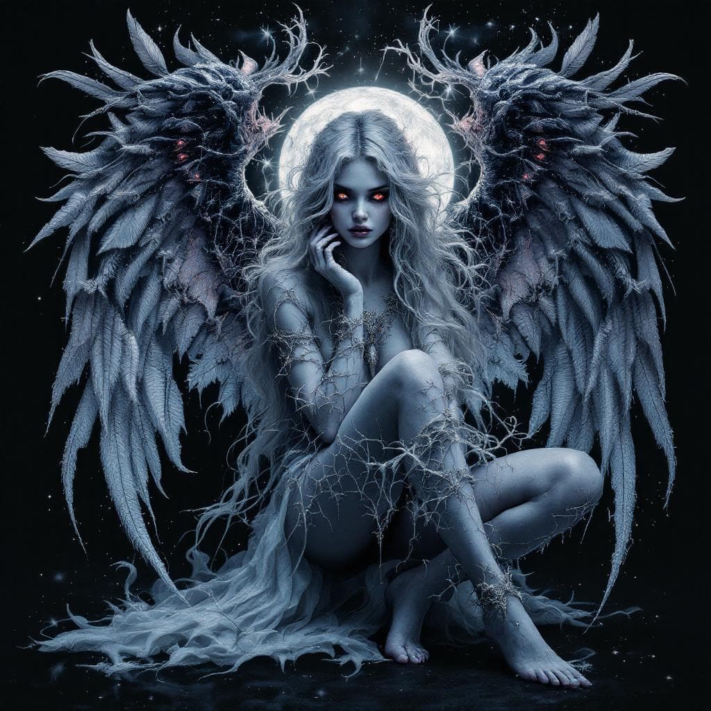 AI generated: black light poster of a intricate portrait of An amazing mythical female angel creature, barefoot, f...