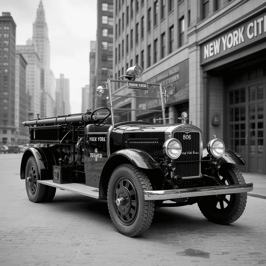 AI generated: photo-realistic news paper black and white photo of a 1920's New York fire engine, parked outside th...