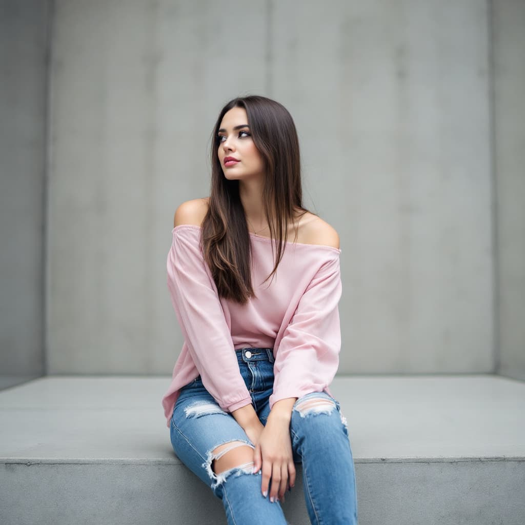 AI generated: A woman is seated on a wide step with her legs crossed. Her straight long brunette hair frames her b...